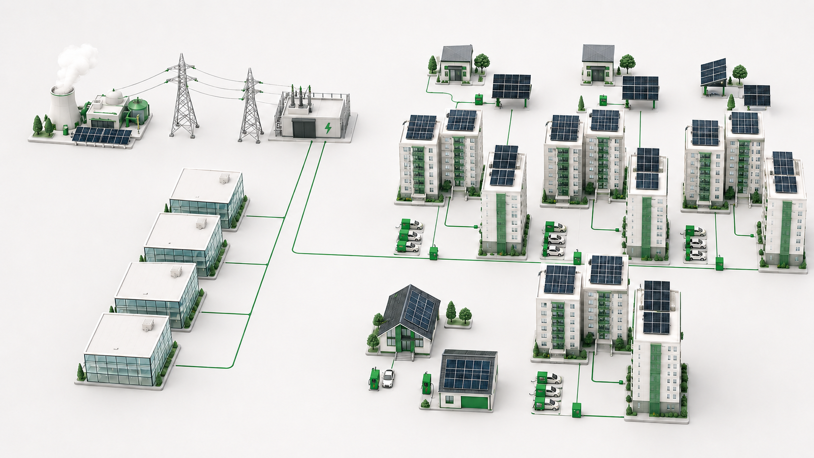 Smart grid: power plant, substation and connected buildings